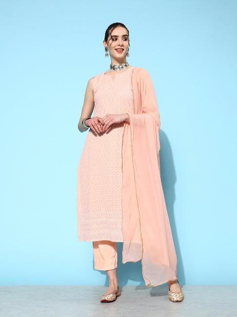 varanga peach embroidered kurta with pant & dupatta