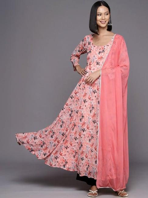 varanga peach floral print anarkali kurta with dupatta