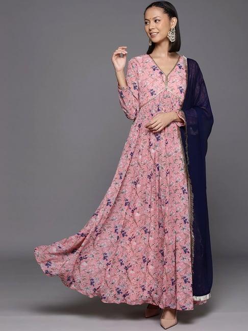 varanga peach floral print anarkali kurta with dupatta