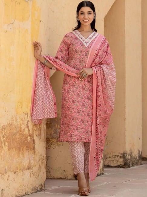 varanga peach floral print kurta pant set with dupatta