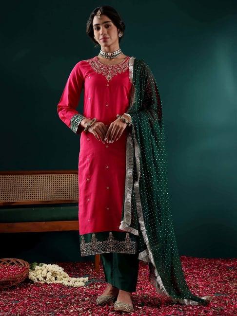 varanga pink & green embroidered kurta pant set with dupatta