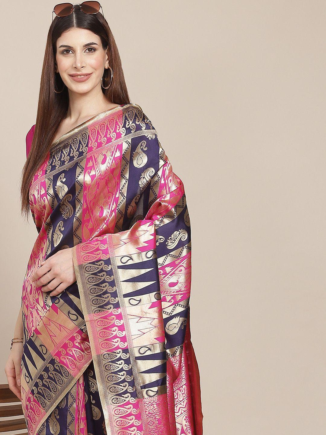 varanga pink & navy blue woven design banarasi saree