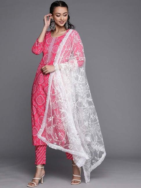 varanga pink cotton bandhani print kurta pant set with dupatta