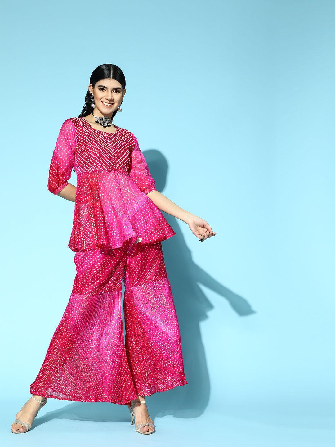 varanga pink cotton blend short kurti with flared pants