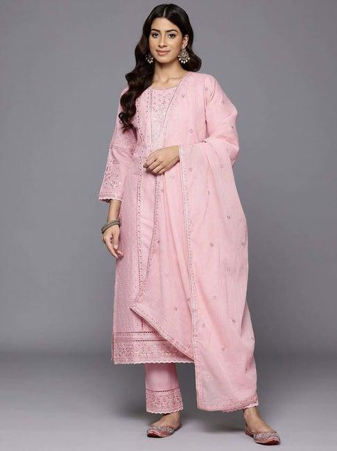 varanga pink cotton embroidered kurta & pant set with dupatta