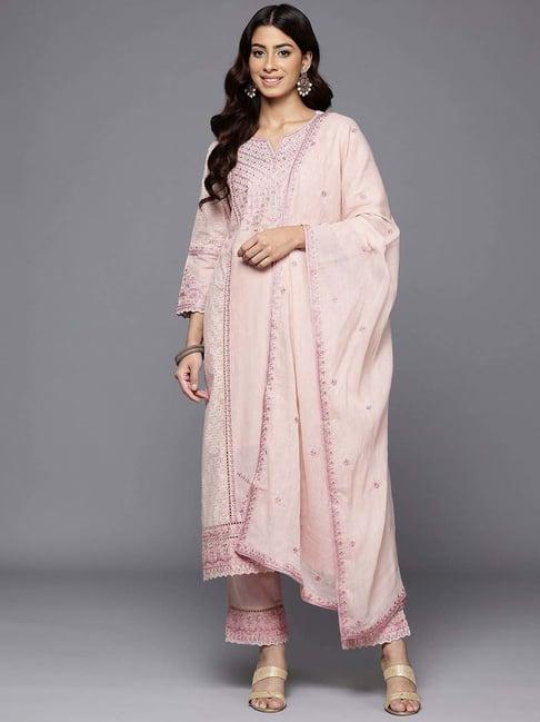 varanga pink cotton embroidered kurta & pant set with dupatta
