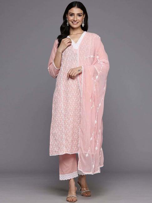 varanga pink cotton embroidered kurta & pant set with dupatta