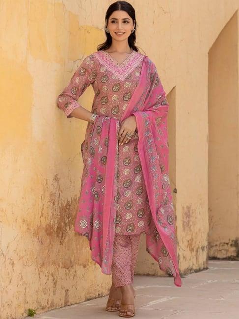 varanga pink cotton floral print kurta pant set with dupatta