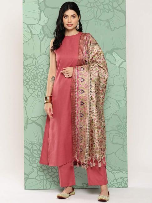 varanga pink cotton kurta pant set with dupatta