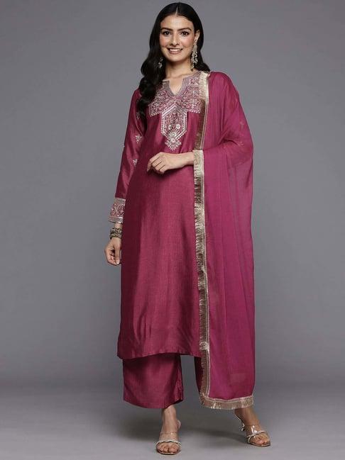 varanga pink embroidered kurta & palazzo set with dupatta