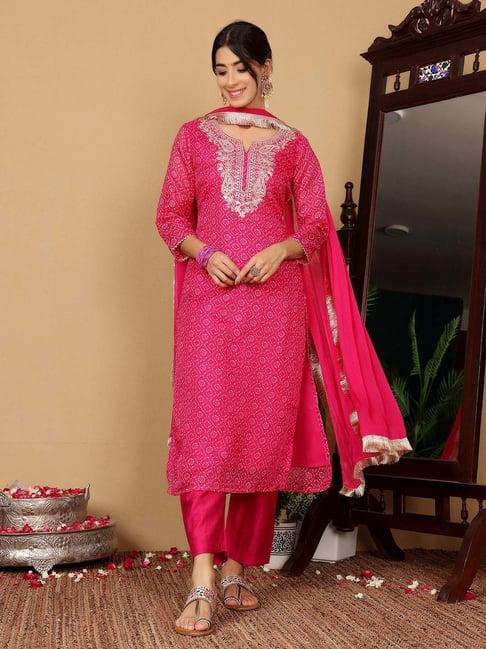 varanga pink embroidered kurta & pant set with dupatta