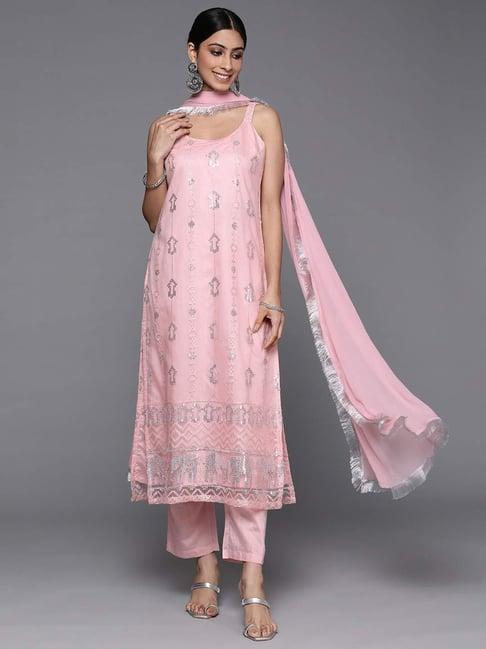 varanga pink embroidered kurta pant set with dupatta