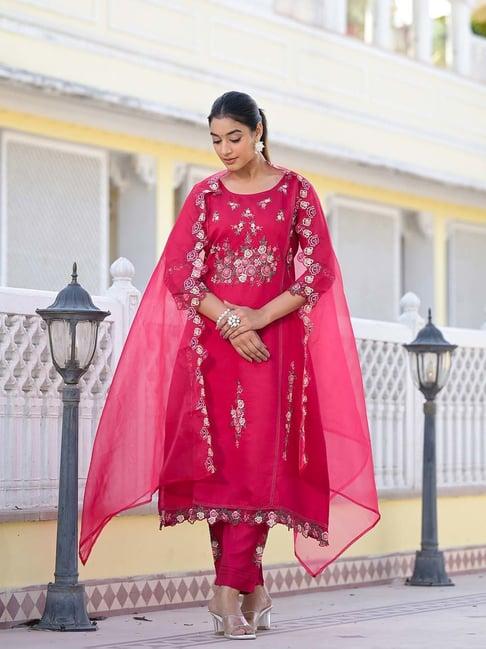 varanga pink embroidered kurta pant set with dupatta