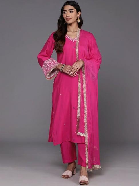 varanga pink embroidered kurta pant set with dupatta