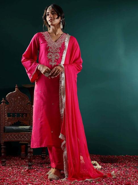 varanga pink embroidered kurta pant set with dupatta