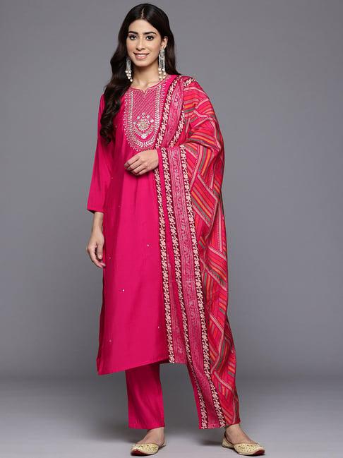 varanga pink embroidered kurta with pant & dupatta