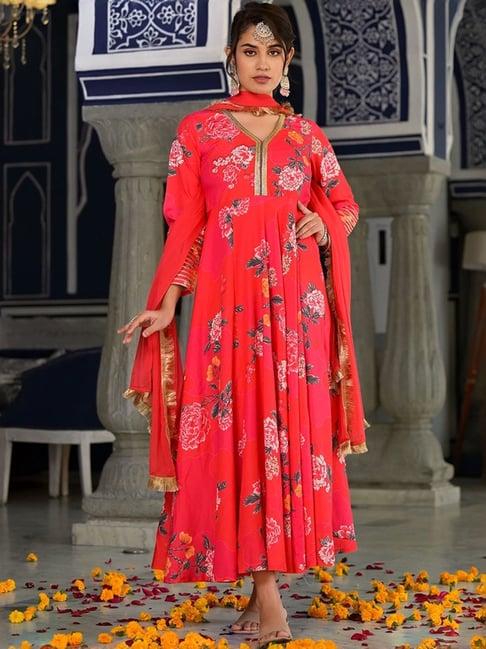 varanga pink floral print anarkali kurta with dupatta