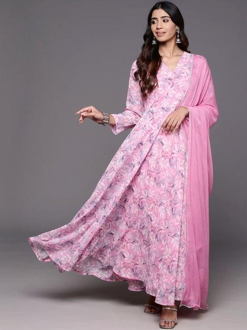 varanga pink floral print anarkali kurta with dupatta