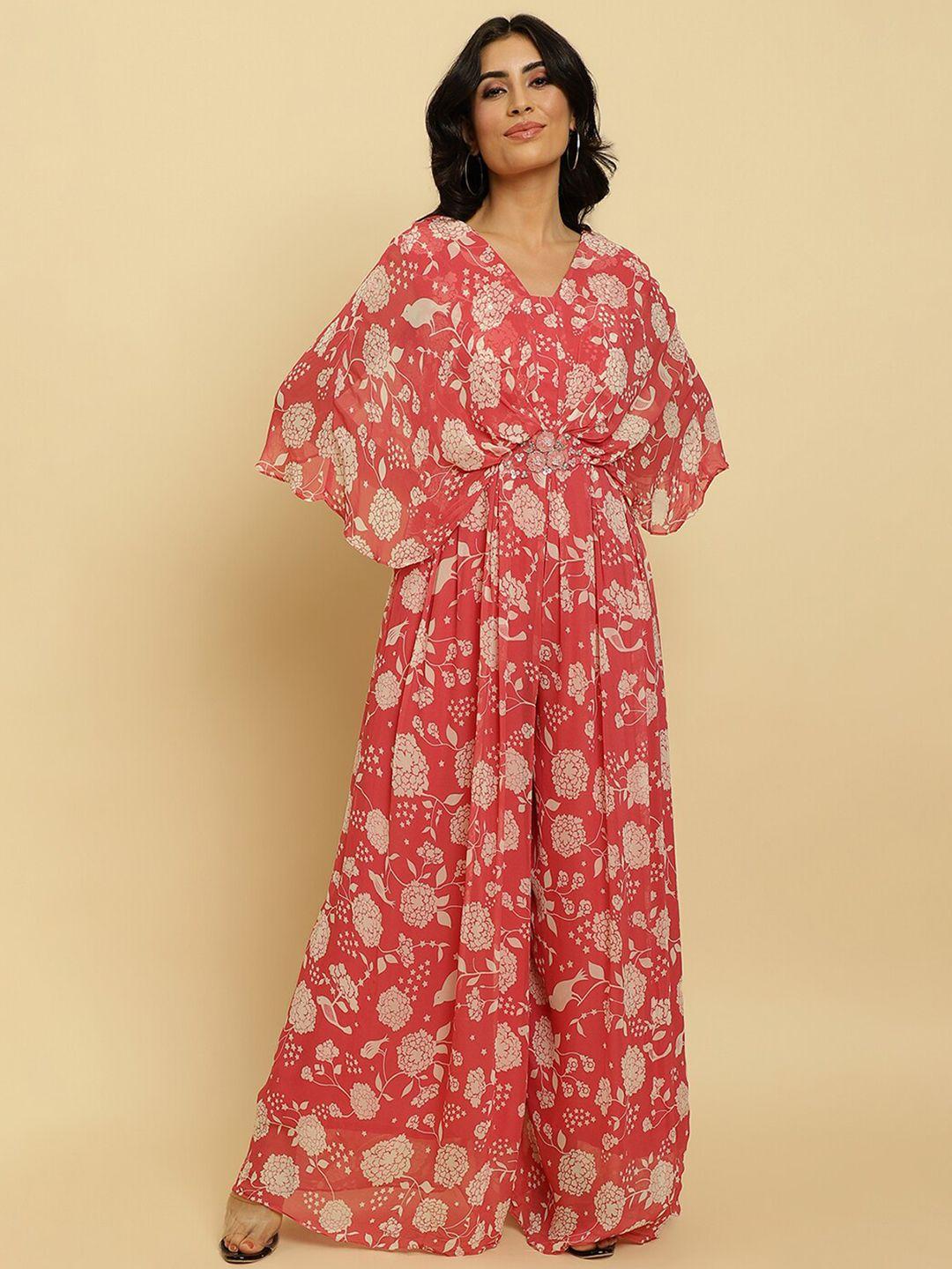 varanga pink floral print cape sleeve georgette maxi dress