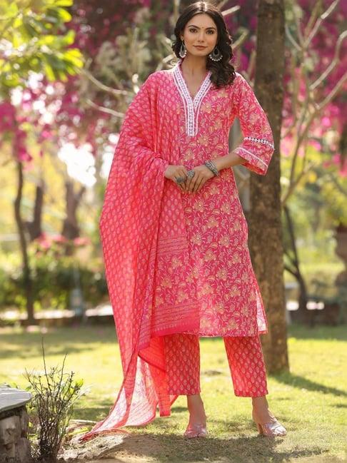 varanga pink floral print kurta pant set with dupatta