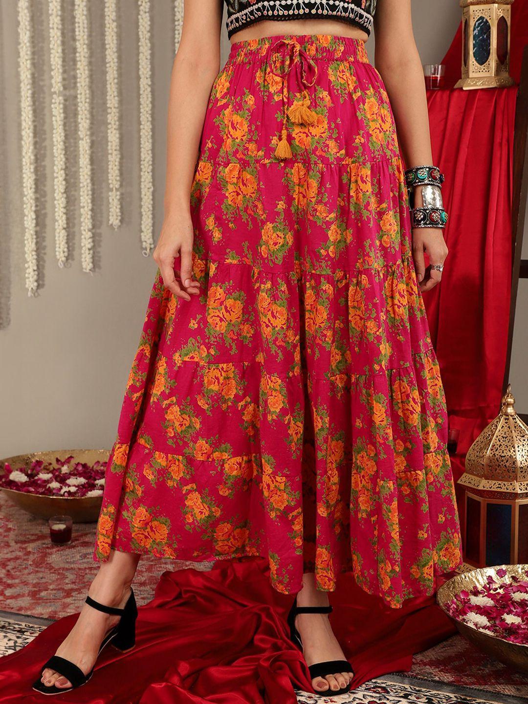 varanga pink floral printed flared maxi skirt