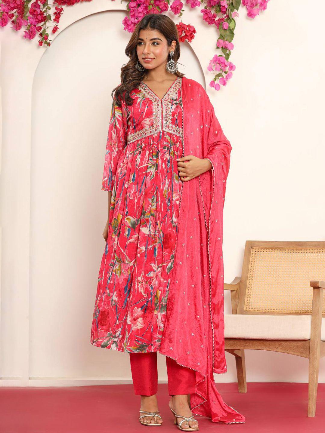 varanga pink gotta patti floral embroidered v- neck empire kurta with trousers & dupatta