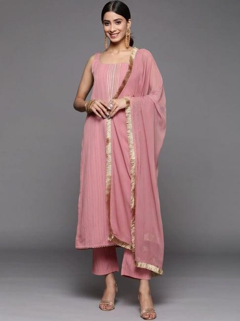 varanga pink self pattern kurta pant set with dupatta