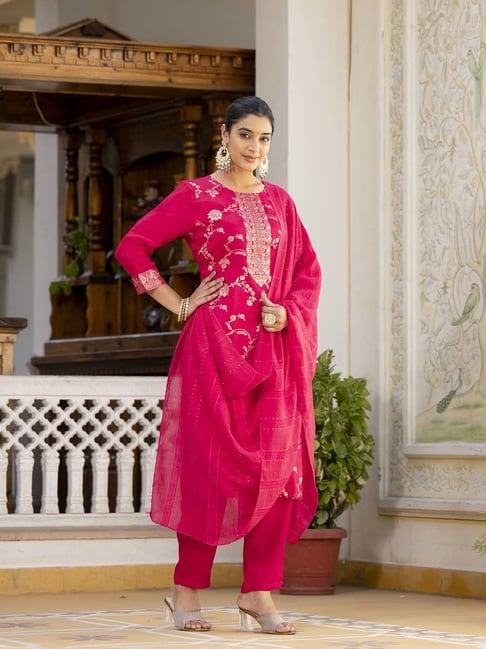 varanga pink woven pattern kurta pant set with dupatta