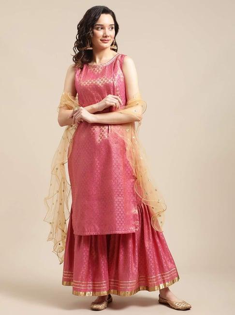 varanga pink woven pattern kurta sharara set with dupatta