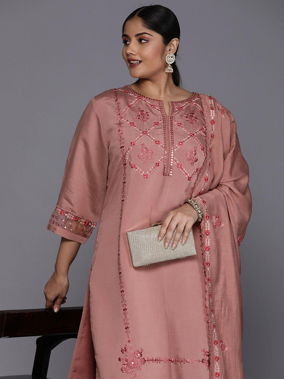 varanga plus size floral embroidered regular mirror work kurta with trousers & dupatta