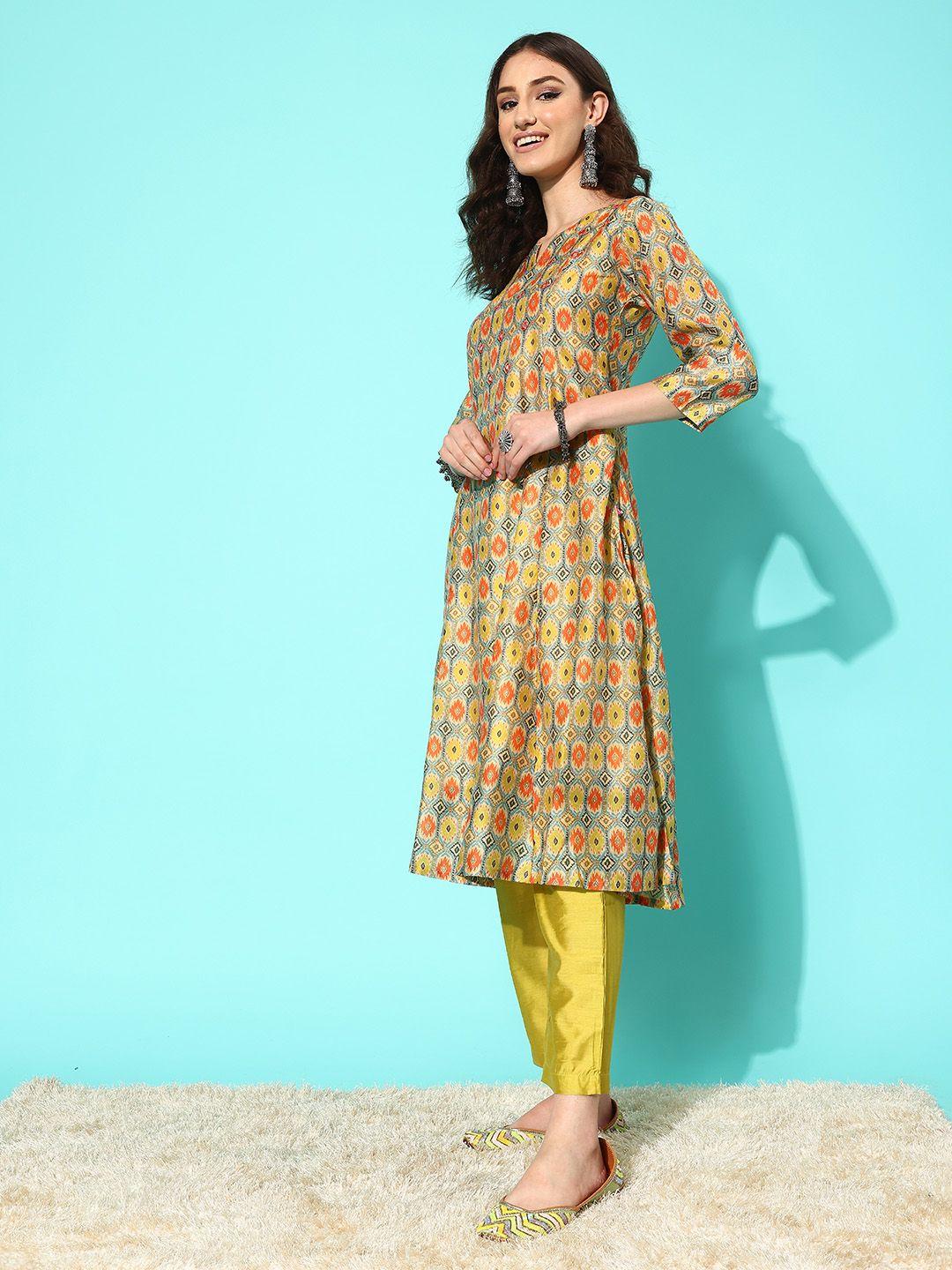 varanga printed panelled kurta with trousers & with dupatta