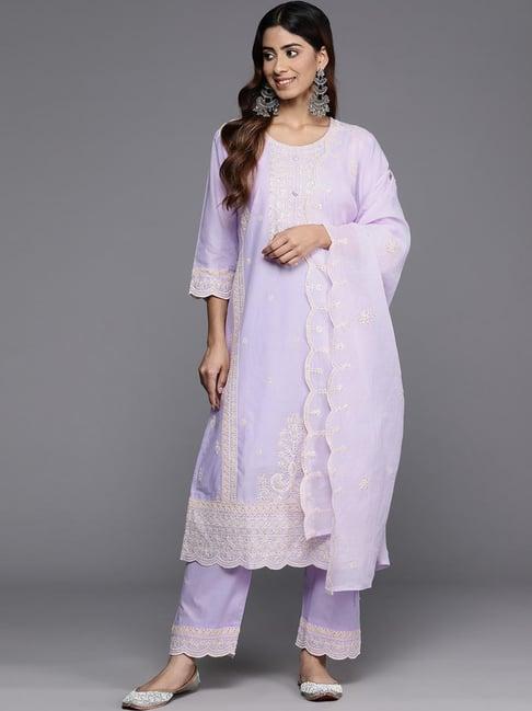 varanga purple cotton embroidered kurta pant set with dupatta