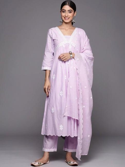varanga purple cotton embroidered kurta pant set with dupatta