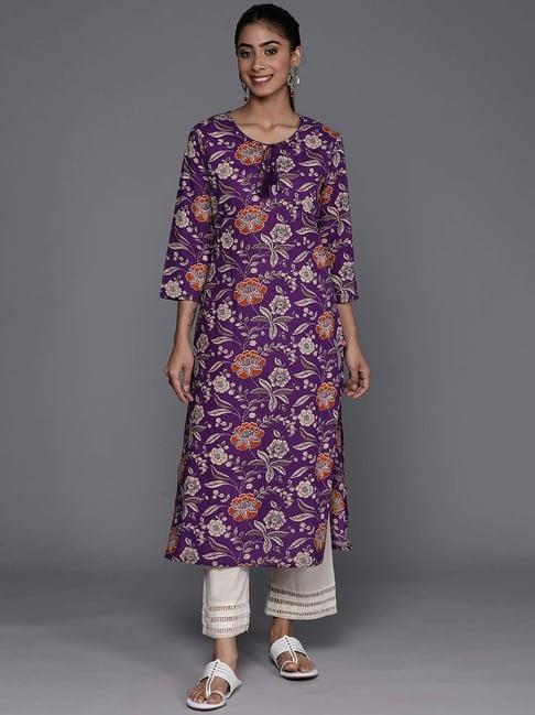 varanga purple cotton floral print straight kurta