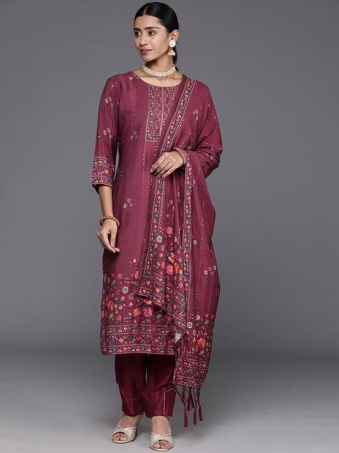 varanga purple cotton printed kurta pant set with dupatta