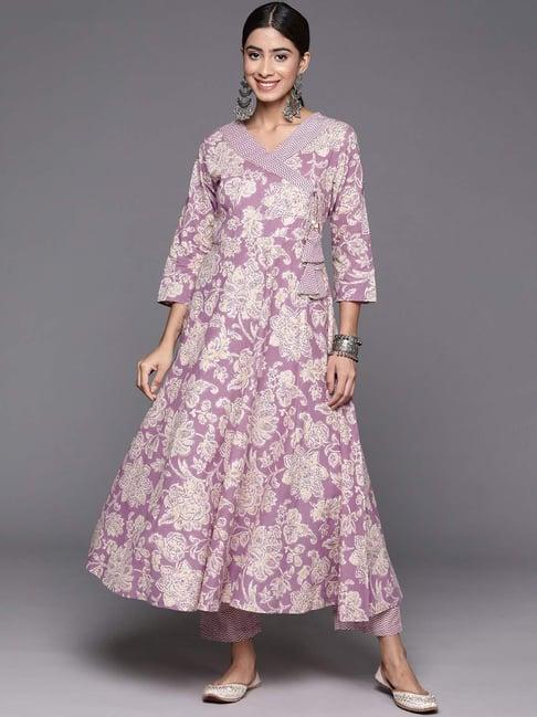 varanga purple cotton printed kurta pant set