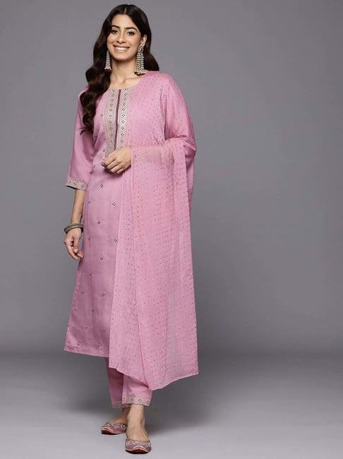 varanga purple embroidered kurta & pant set with dupatta