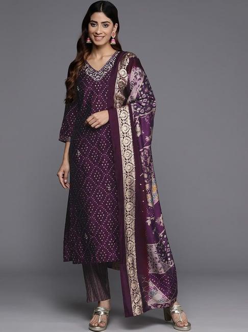 varanga purple embroidered kurta pant set with dupatta