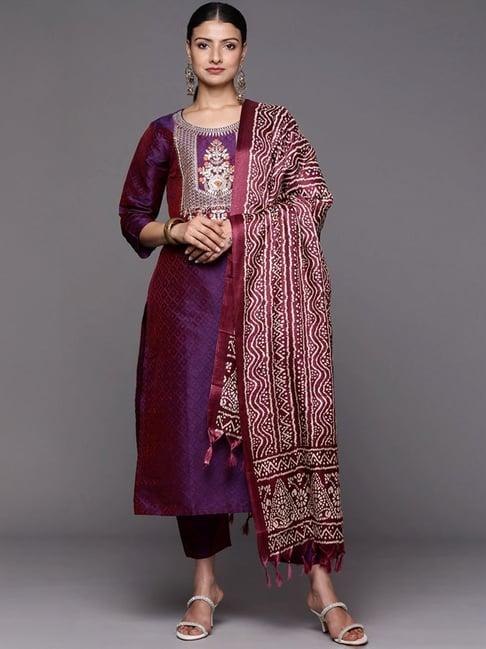 varanga purple embroidered kurta pant set with dupatta