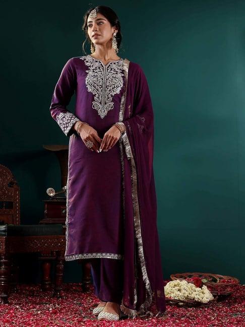 varanga purple embroidered kurta pant set with dupatta