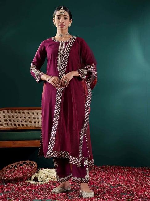 varanga purple embroidered kurta pant set with dupatta