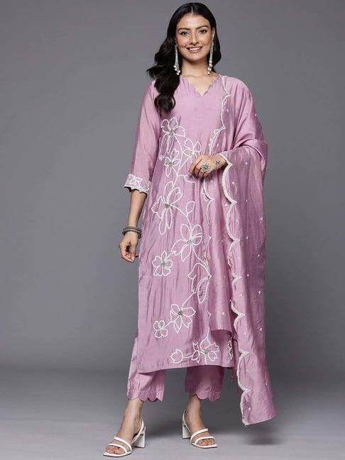 varanga purple embroidered kurta pant set with dupatta