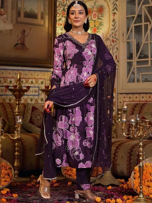 varanga purple floral print kurta pant set with dupatta