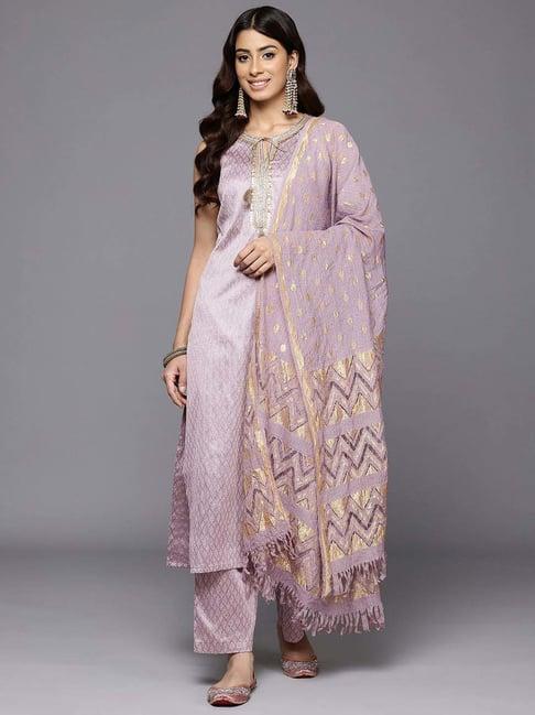 varanga purple woven pattern kurta & pant set with dupatta