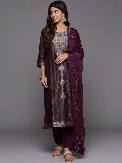varanga purple woven pattern kurta pant set with dupatta