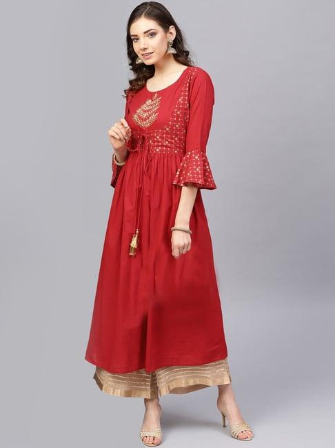 varanga red & beige cotton embroidered kurti palazzo set