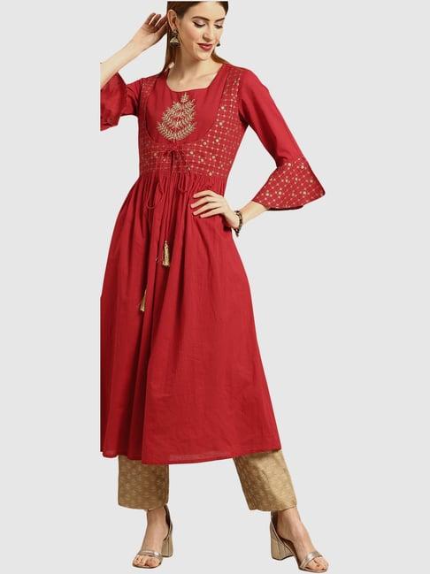 varanga red & beige embroidered kurta pant set