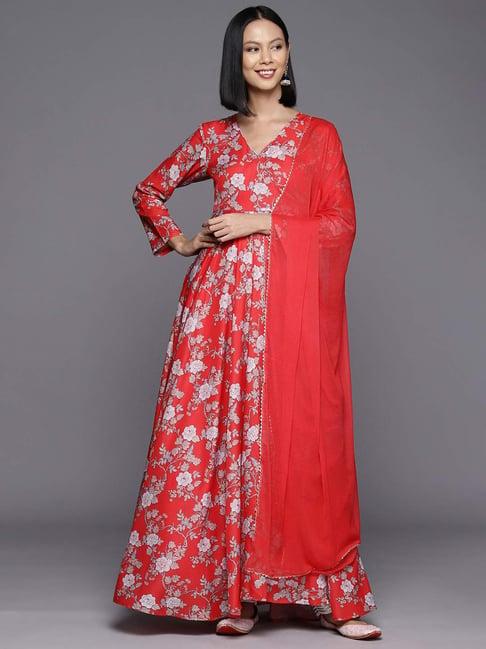 varanga red cotton floral print anarkali kurta