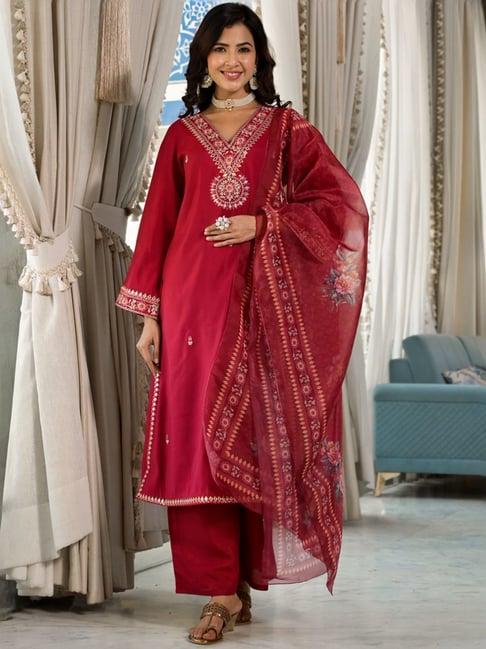 varanga red embroidered kurta palazzo set with dupatta