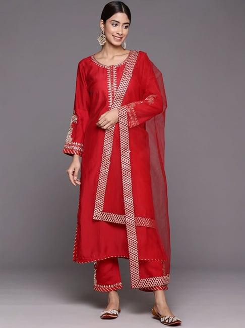 varanga red embroidered kurta pant set with dupatta